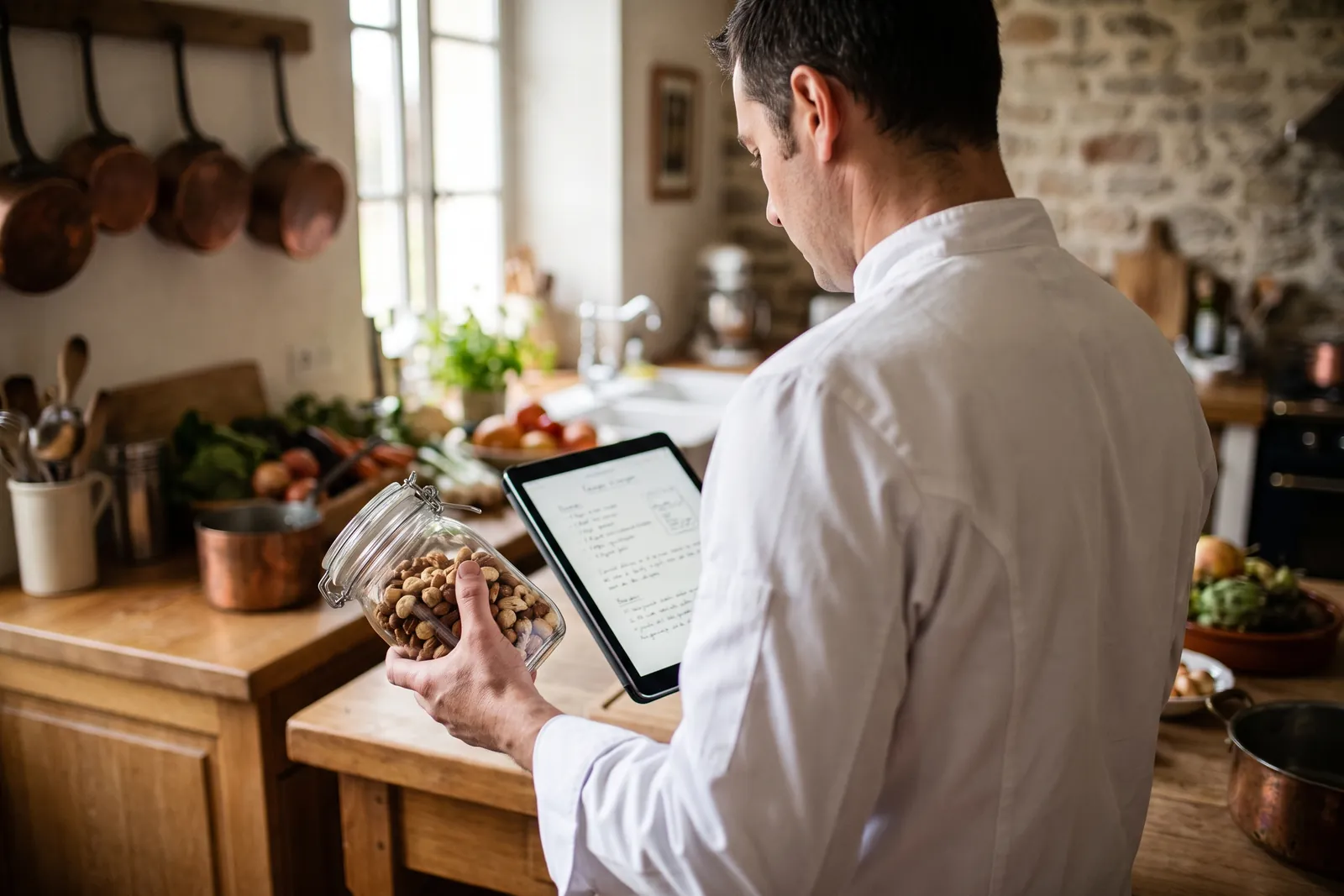 Un chef vérifie une recette sur une tablette, un bocal de noix à la main