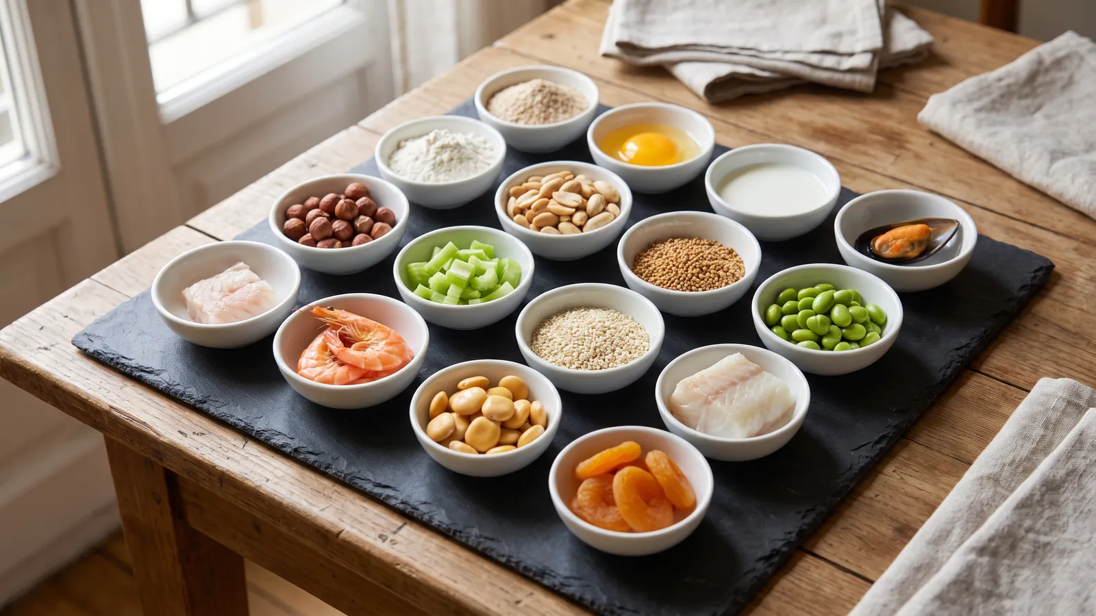 Des bols avec les aliments des 14 allergènes principaux sur une ardoise
