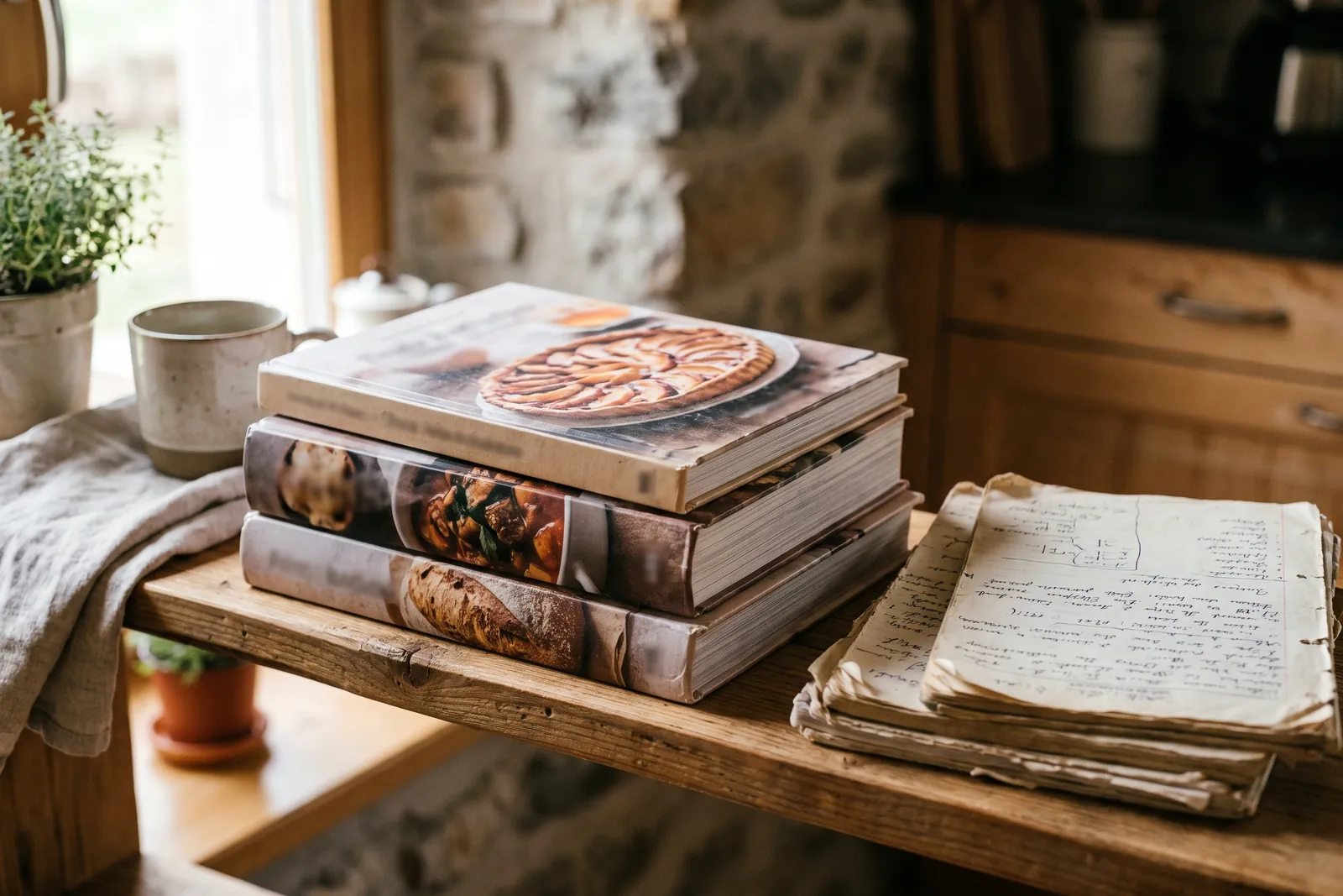 Des livres de recettes familiaux imprimés sur une étagère à côté de vieux carnets
