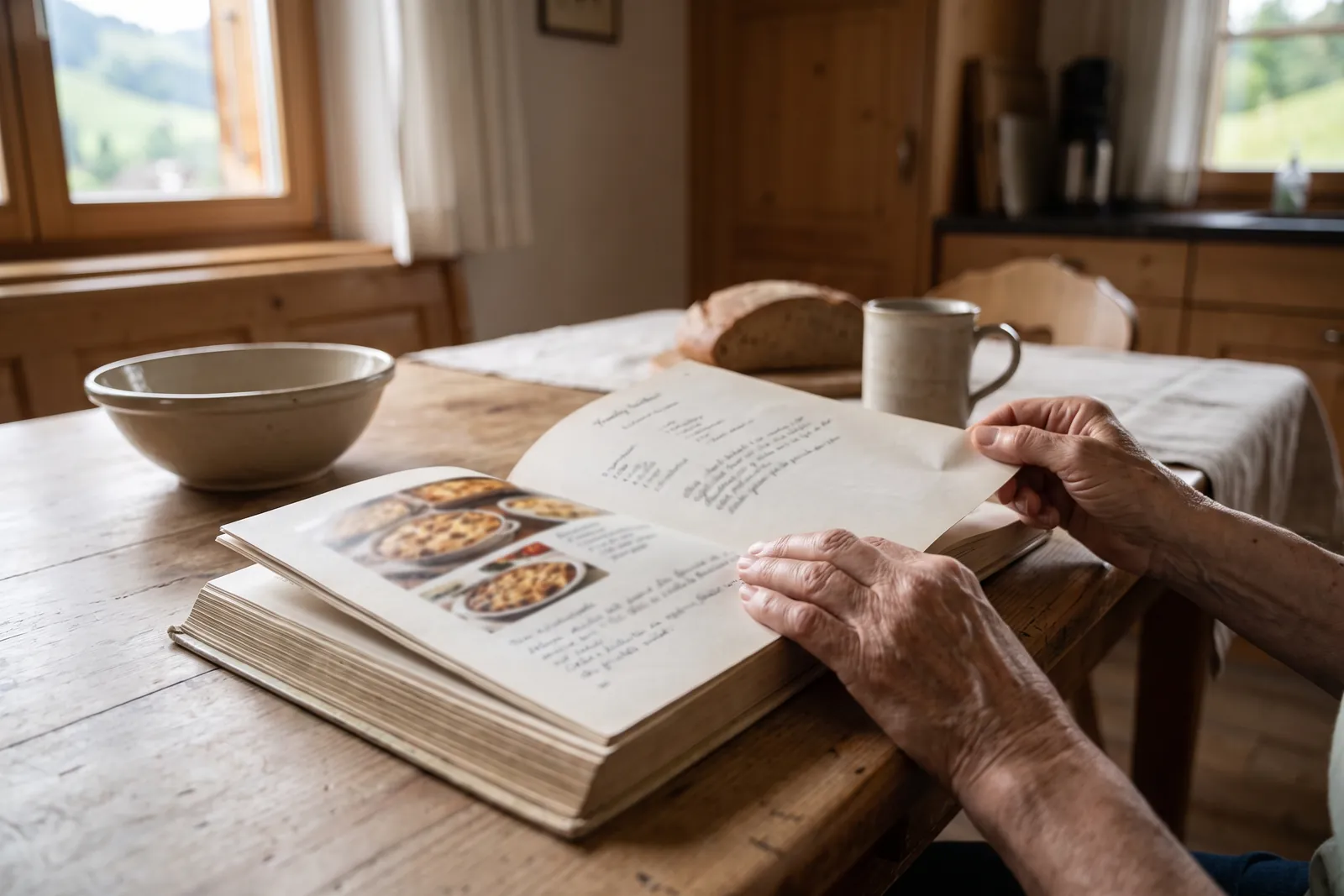 Des mains feuillettent un livre de recettes familial imprimé