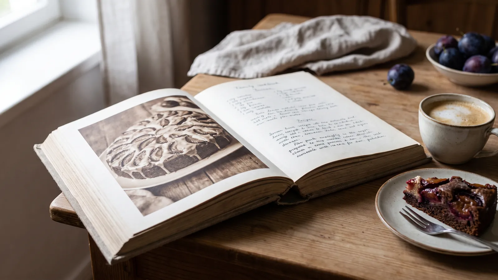 Un livre de recettes familial imprimé, ouvert sur la table à côté d’une tarte aux prunes