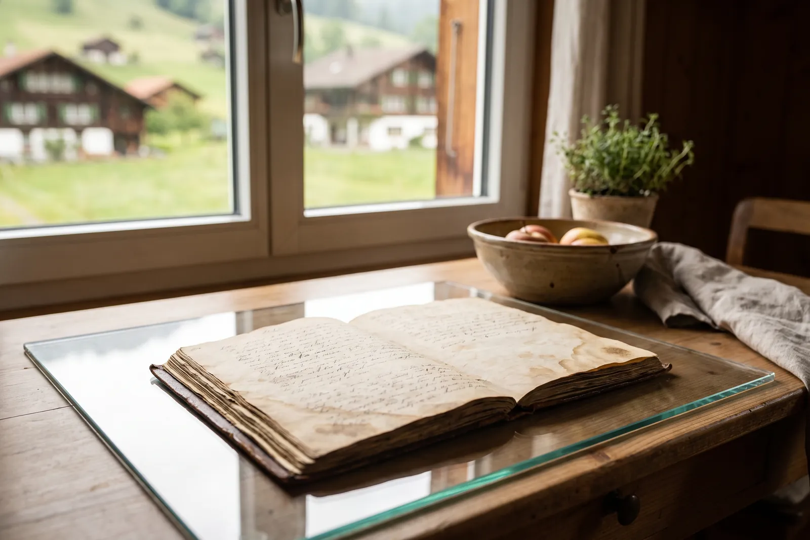 A recipe notebook pressed flat under a sheet of glass by the window