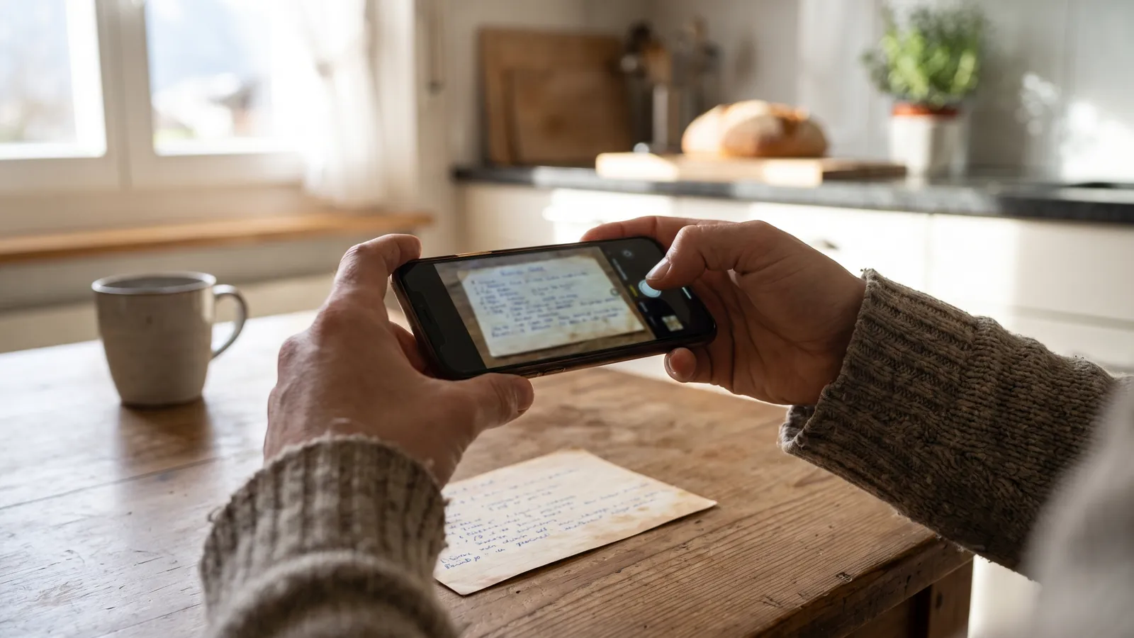 Hands photographing a handwritten recipe card with a smartphone by a window