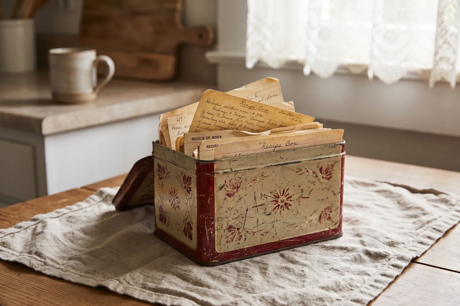 An old tin recipe box full of yellowed recipe cards