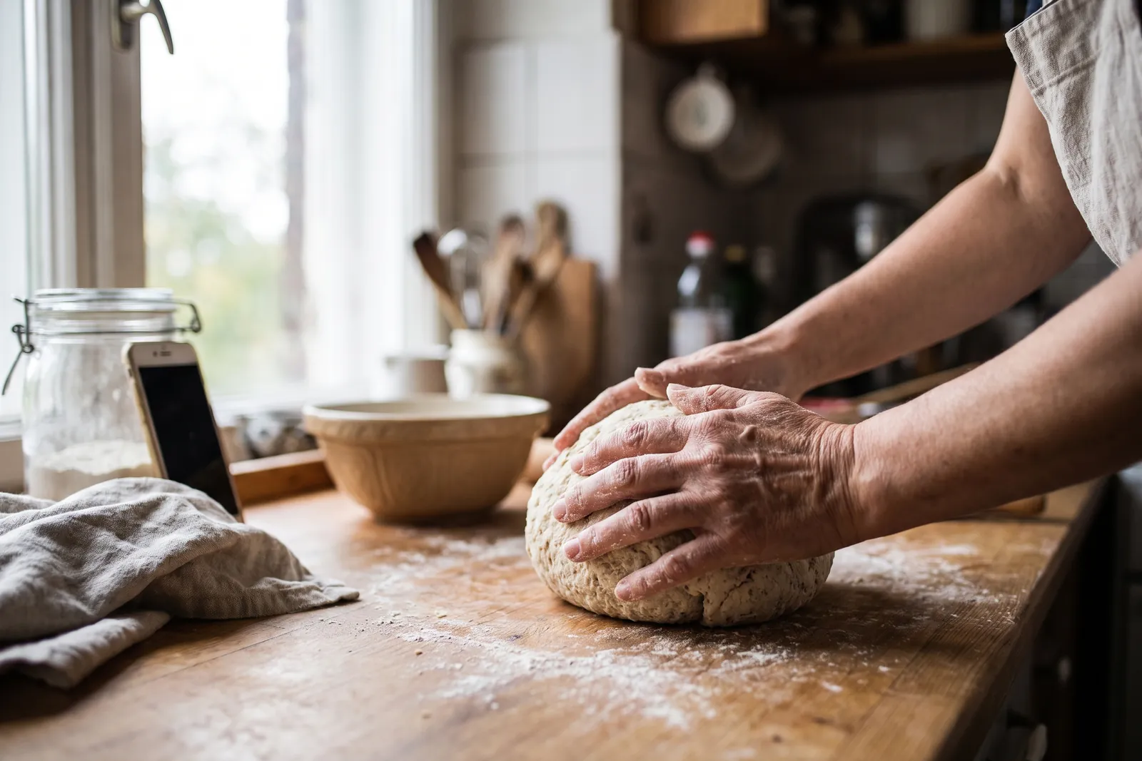 Two generations kneading dough together, a smartphone in the background