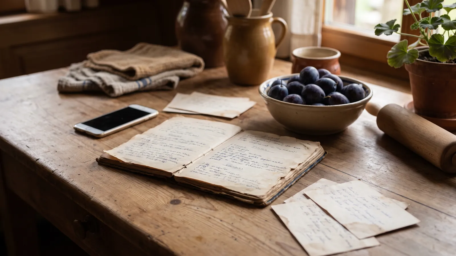 An open handwritten recipe notebook, loose recipe cards and a smartphone on a kitchen table