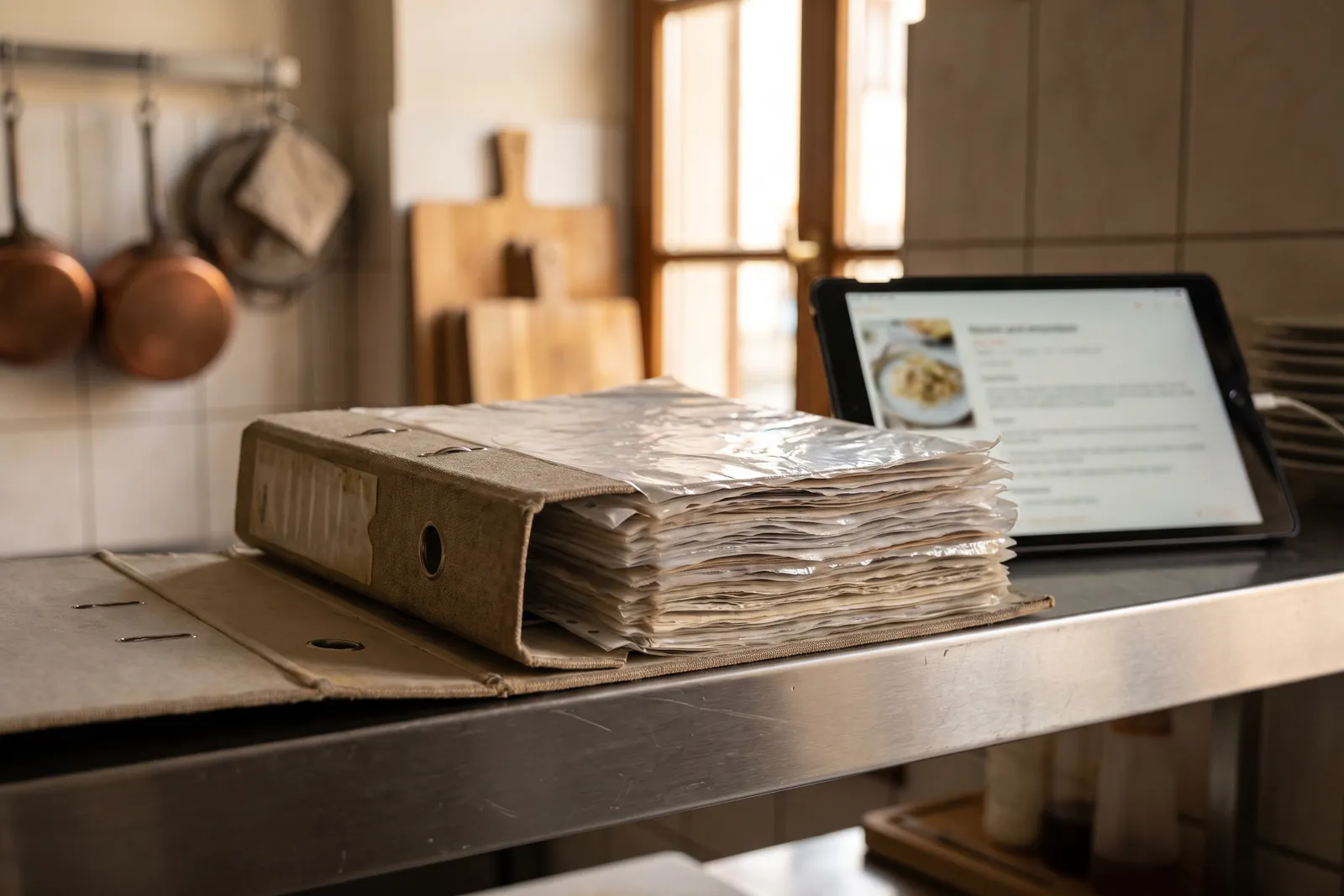 Un raccoglitore di schede tecniche e un tablet su uno scaffale di cucina