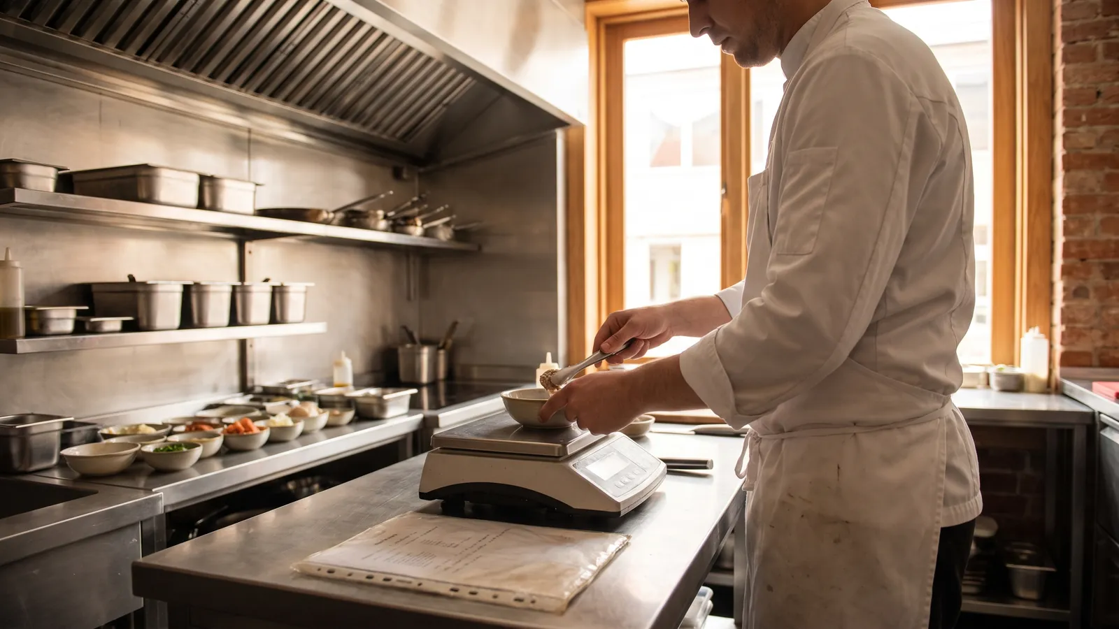 Un cuoco pesa gli ingredienti accanto a una scheda tecnica in cucina professionale