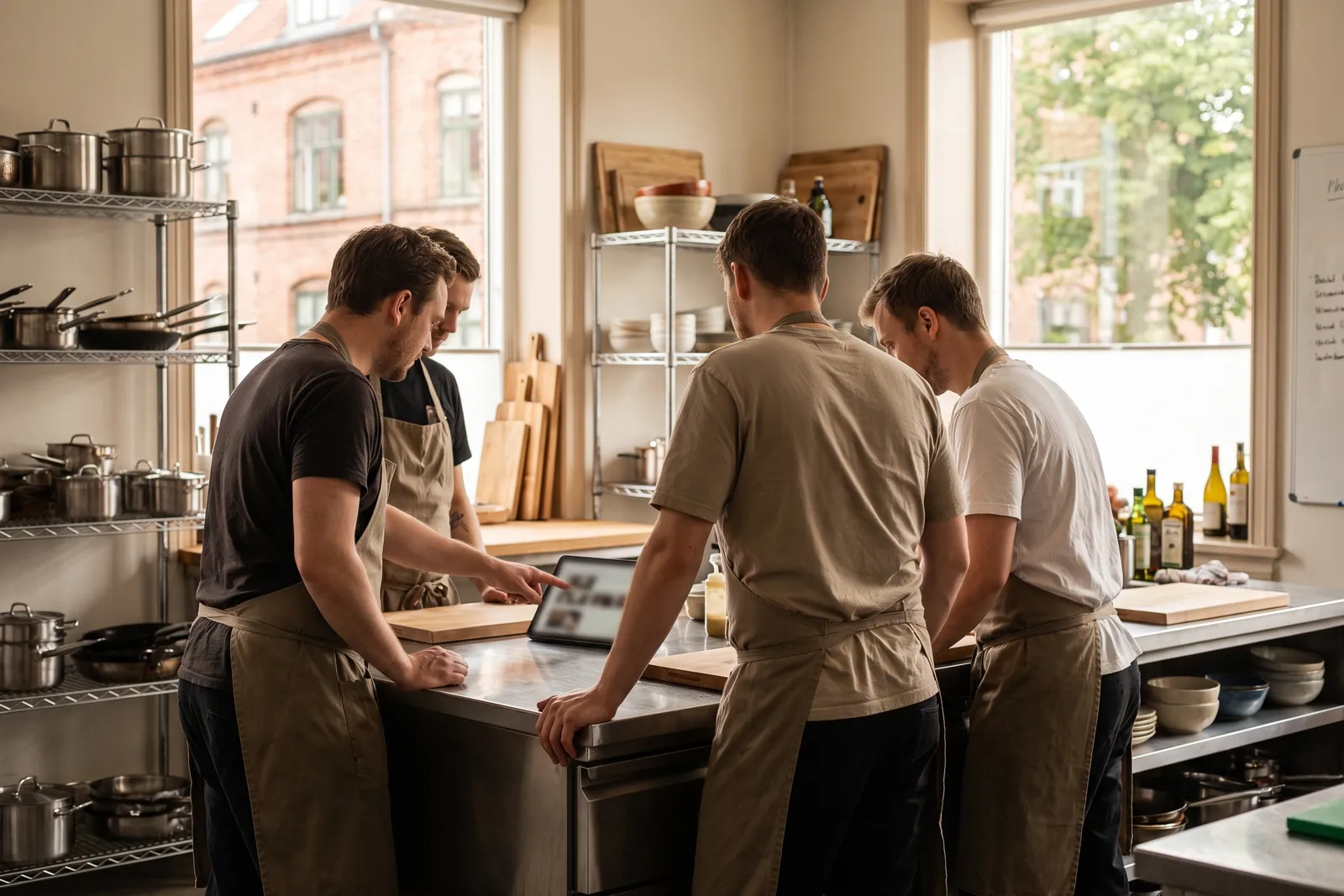 A kitchen team gathered around a recipe on a tablet
