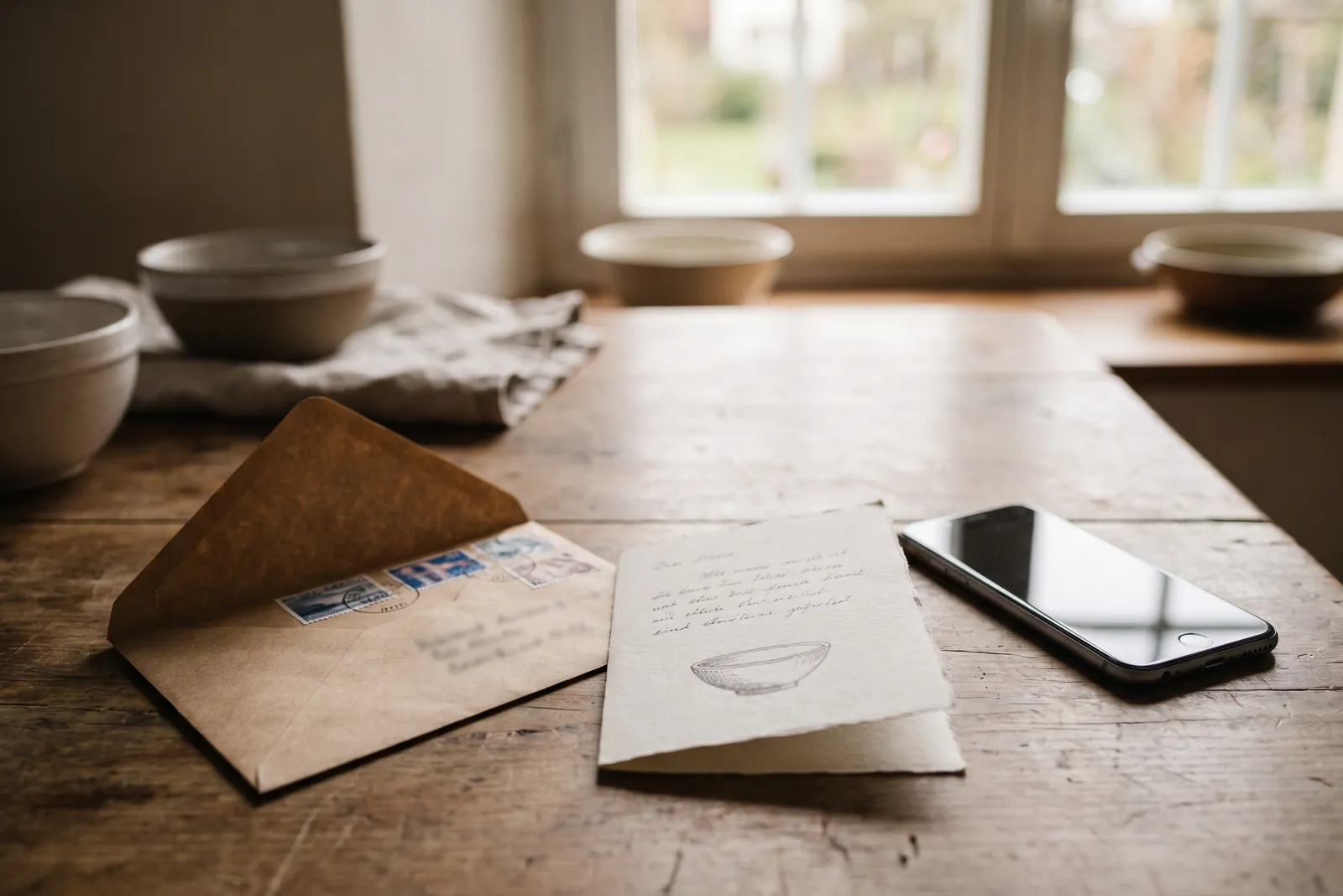 An envelope with a recipe card and a smartphone, ready to send abroad