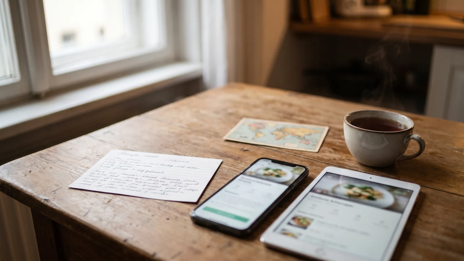 A handwritten recipe card next to a phone and a tablet showing the recipe